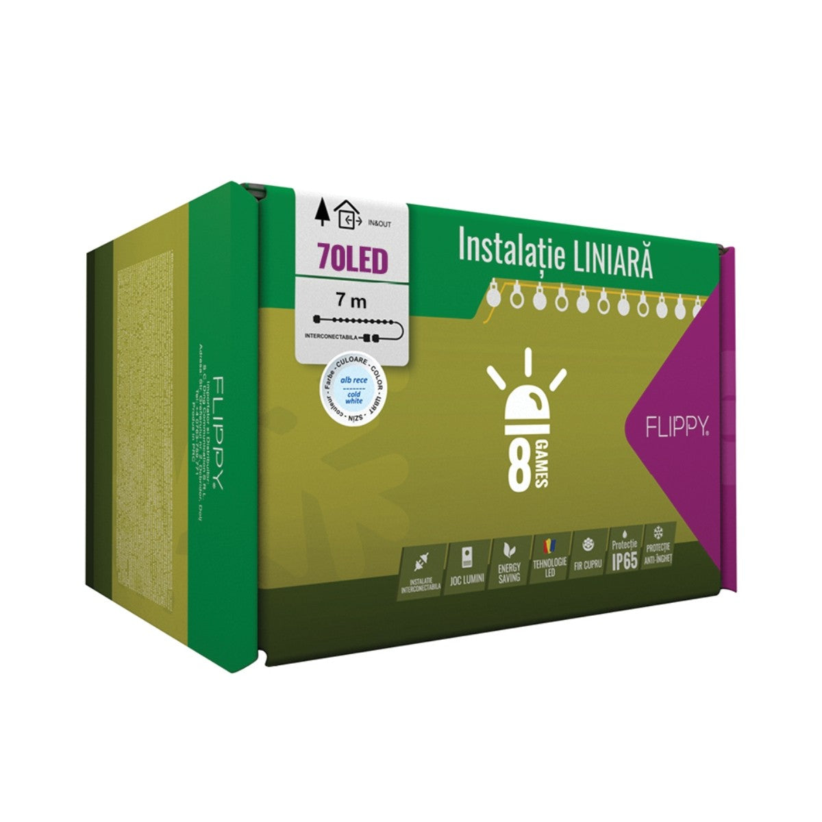 Instalatie Craciun Profesionala de Exterior IP65, 7 m, 70 Led-uri Mari ,Liniara, Alb rece, Interconectabila, Prelungitor 1.5 m inclus, Fir Negru, Flippy-0