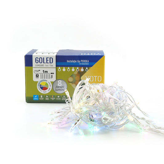 Instalatie Craciun, Tip Perdea, 1 m x 1 m, 60 LED-uri, Multicolor, Controler, 8 jocuri de lumini, Interconectabila, Fir transparent, Interior/ Exterior, Yoto-1