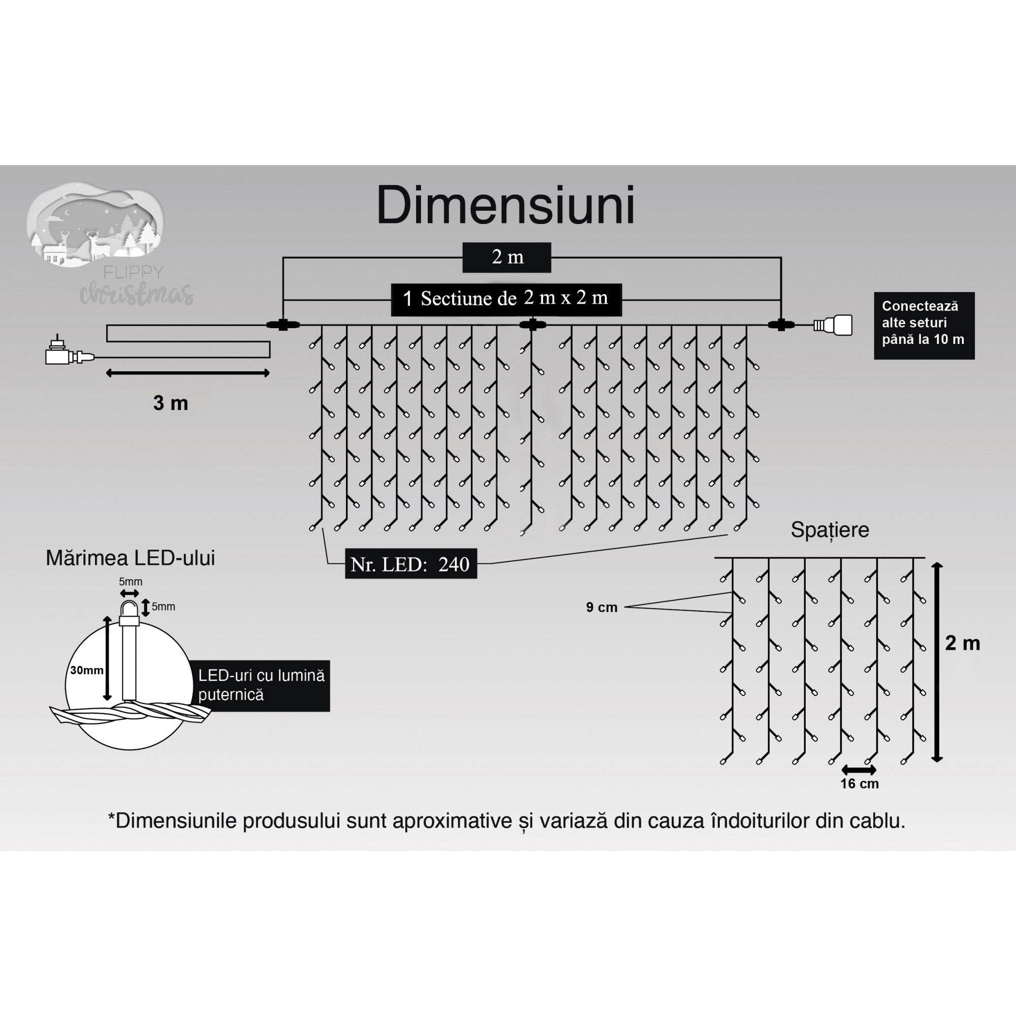 Instalatie Craciun, Tip Perdea, IP44, 2 m x 2 m, 240 LED-uri, Albastru, 8 jocuri de lumini, Transformator, Interconectabila, Prelungitor 3 m inclus, Fir transparent, Interior/ Exterior, Flippy-5