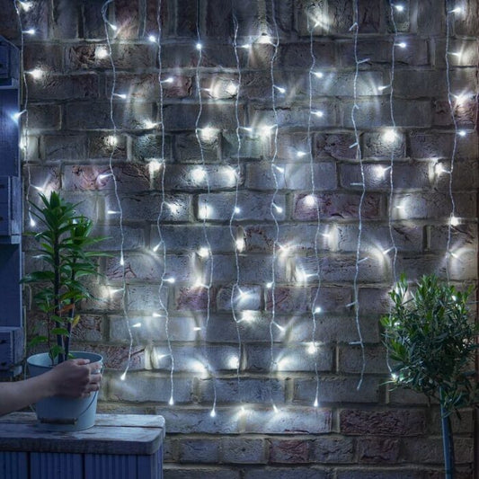 Instalatie Craciun, Tip Perdea, IP44, 3 m x 3 m, 240 LED-uri, Alb rece, cu 8 jocuri de lumini, 31 V, 9W, Interconectabila, Prelungitor 3 m inclus, Fir transparent, Interior/ Exterior, Flippy-1