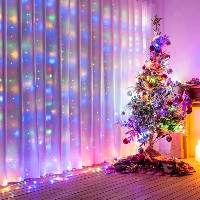 Instalatie Craciun, Tip Perdea IP44, 3m x 3m, 300 Led-uri, Multicolor, USB si telecomanda cu 8 functii, Flippy-1