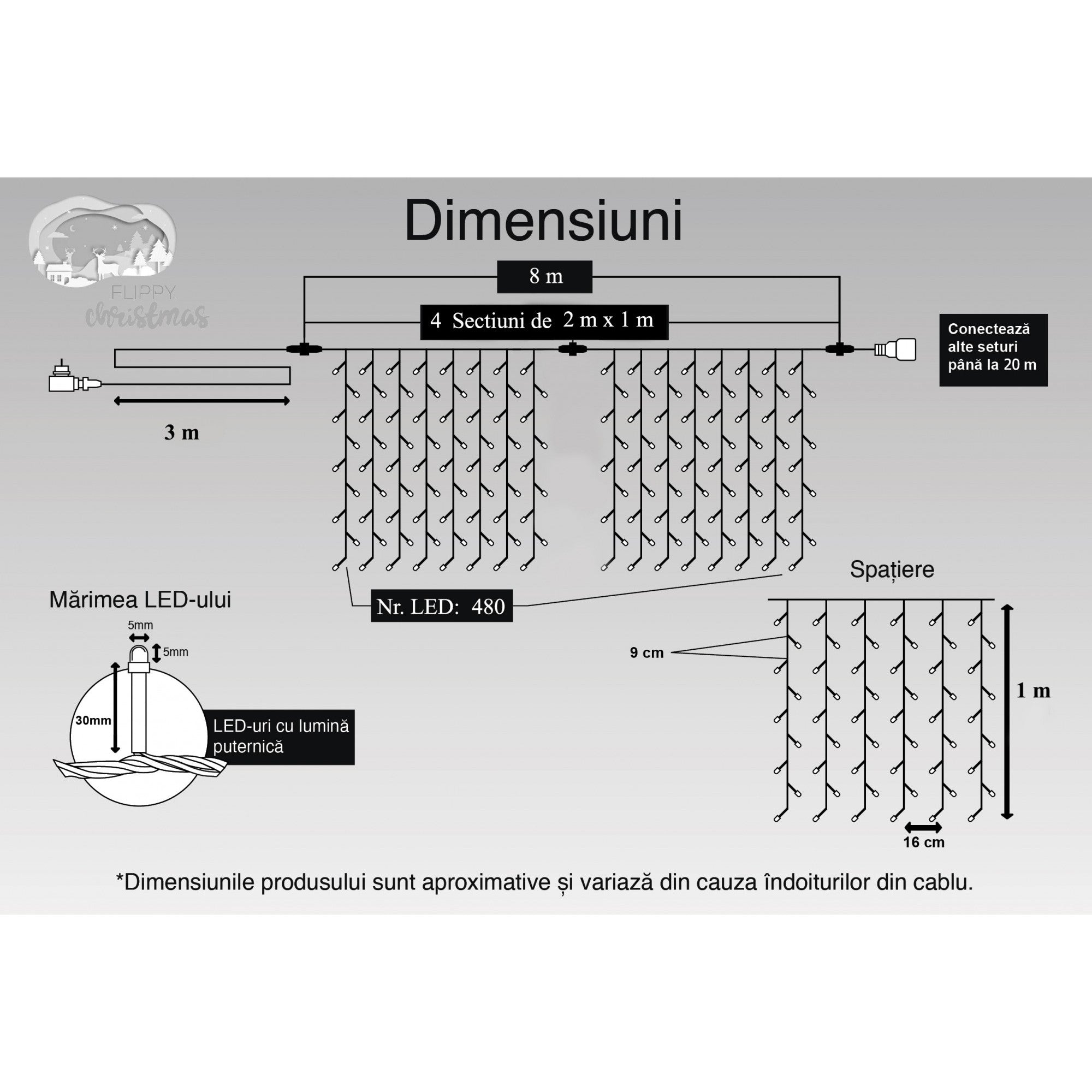 Instalatie Craciun, Tip Perdea, IP44, 8 m x 1 m, 480 LED-uri, Albastru, 8 jocuri de lumini, Transformator, Interconectabila, Prelungitor 3 m inclus, Fir transparent, Interior/ Exterior, Flippy-5