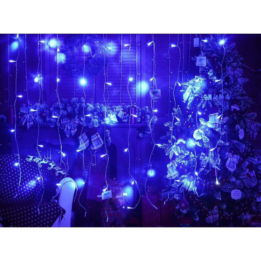 Instalatie Craciun, Tip Perdea, IP44, 8 m x 1 m, 480 LED-uri, Albastru, cu flash, Transformator cu telecomanda, Interconectabila, Prelungitor 3 m inclus, Fir transparent, Interior/ Exterior, Flippy-6