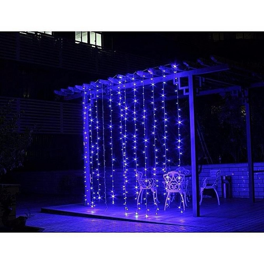 Instalatie Craciun, Tip Perdea, IP44, 8 m x 2 m, 960 LED-uri, Albastru, cu flash, Transformator, Interconectabila, Prelungitor 3 m inclus, Fir transparent, Interior/ Exterior, Flippy-7