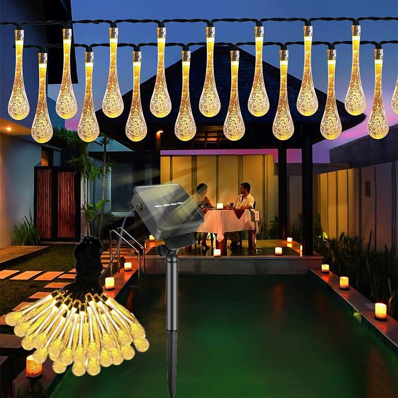 Instalatie Craciun, Tip Picaturi, 50 Led-uri, 9.5 metri, Alb cald, Energie solara, Senzor de lumina, Flippy-12