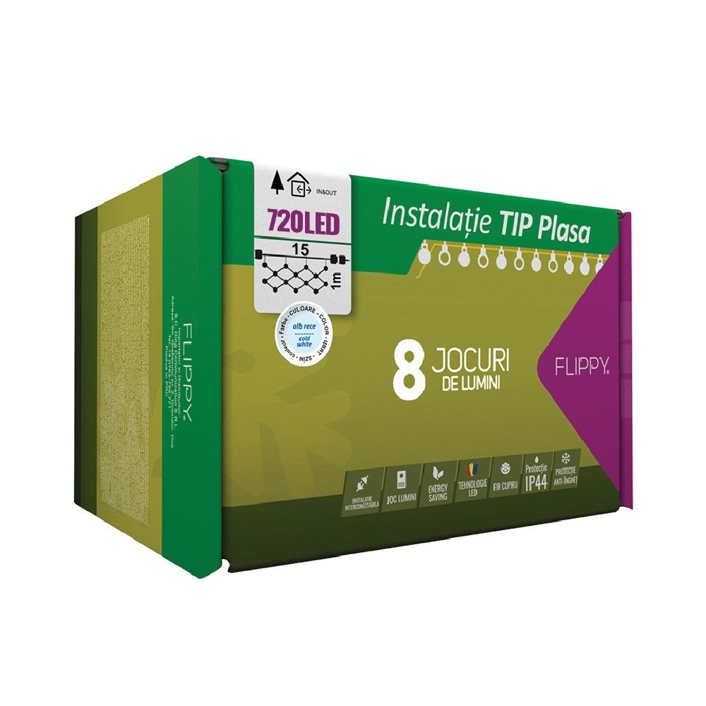 Instalatie Craciun, Tip Plasa, IP 44, 15 x 1 m, 720 LED-uri, Alb rece, 8 jocuri de lumini, Transformator fara telecomanda, Interconectabila, Prelungitor 5 m inclus, Fir transparent, Flippy-5
