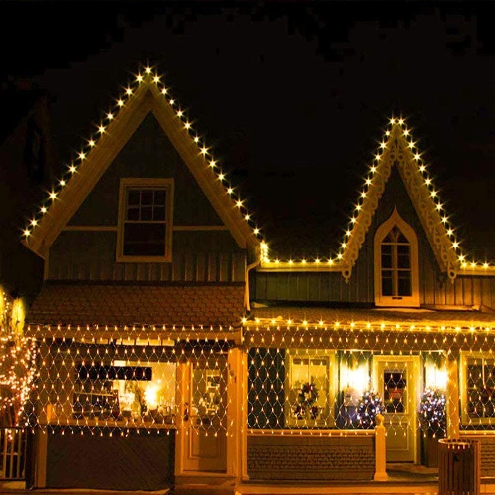 Instalatie Craciun, Tip Plasa, IP 44, 19 x 1 m, 960 LED-uri, Alb cald, 8 jocuri de lumini, Transformator cu telecomanda, Interconectabila, Prelungitor 3 m inclus, Fir transparent, Flippy-0