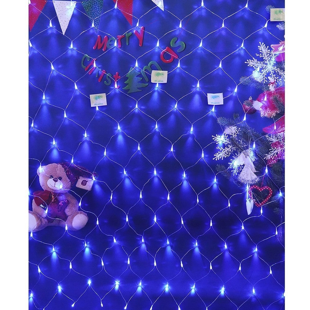 Instalatie Craciun, Tip Plasa, IP 44, 24 x 1 m, 960 LED-uri, Albastru, 8 jocuri de lumini, Transformator fara telecomanda, Interconectabila, Prelungitor 3 m inclus, Fir transparent, Flippy-3