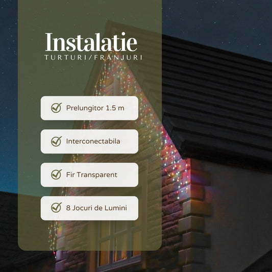 Instalatie Craciun Yoto, Tip Franjuri/Turturi, 12 m, 300 LED-uri, Prelungitor 1.5 m, 8 Jocuri de Lumini, Interconectabila, Conectare la Retea, Fir transparent, Interior/Exterior, Multicolor-1