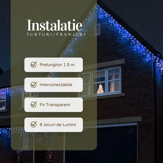 Instalatie Craciun Yoto, Tip Franjuri/Turturi, 4 m, 120 LED-uri, Prelungitor 1.5 m, 8 Jocuri de Lumini, Interconectabila, Conectare la Retea, Fir transparent, Interior/Exterior, Albastru-1