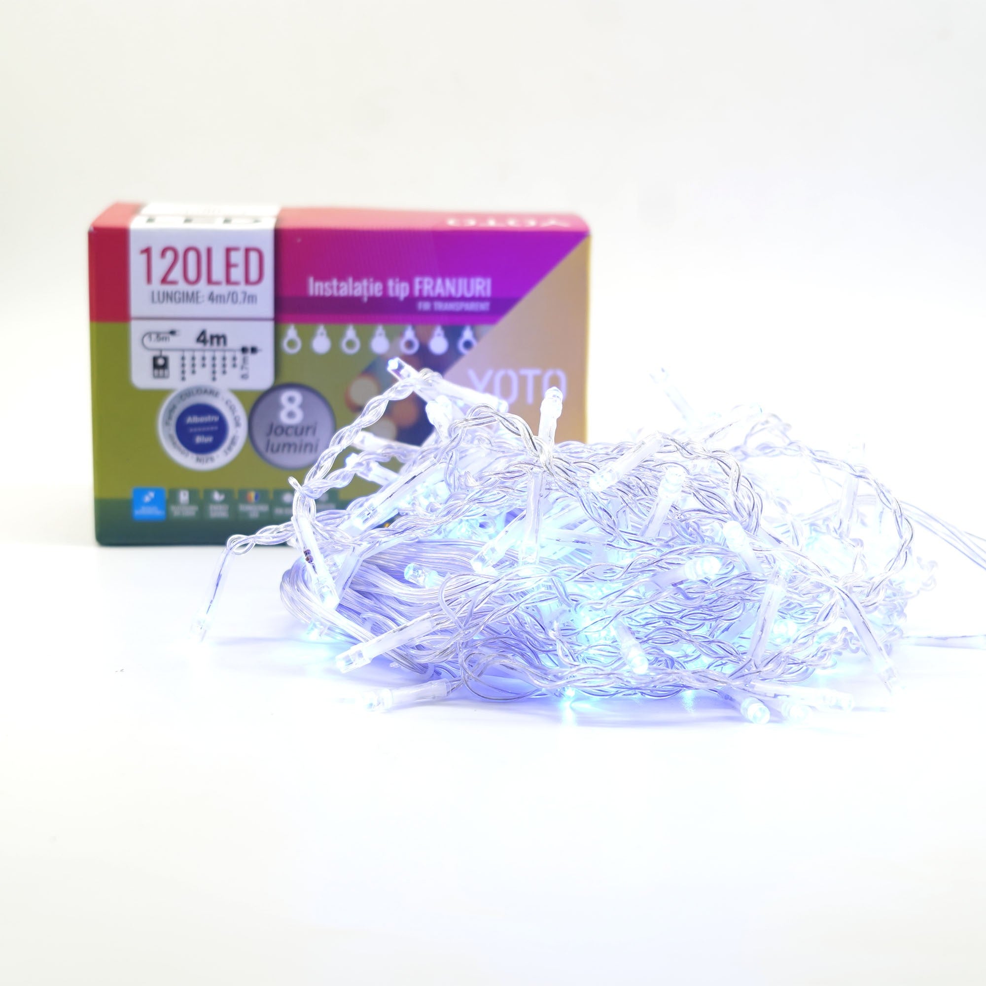Instalatie Craciun Yoto, Tip Franjuri/Turturi, 4 m, 120 LED-uri, Prelungitor 1.5 m, 8 Jocuri de Lumini, Interconectabila, Conectare la Retea, Fir transparent, Interior/Exterior, Albastru-6