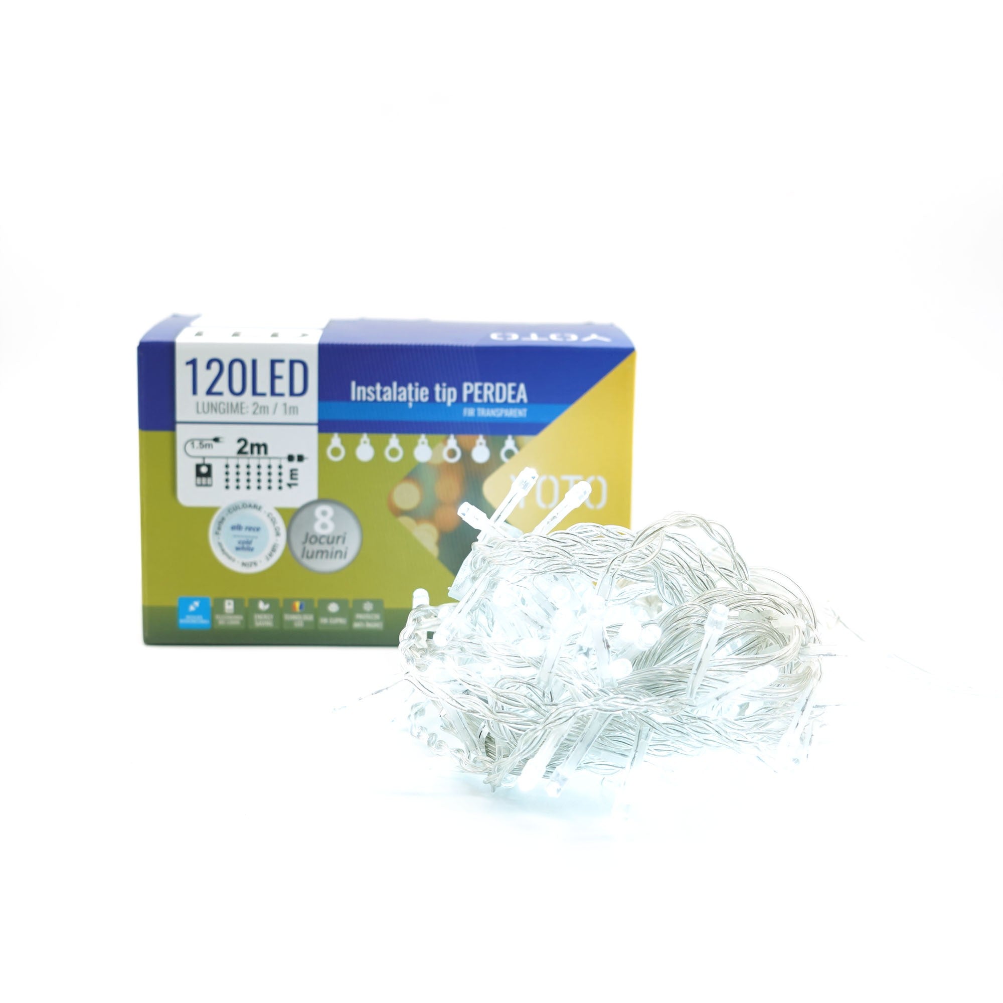 Instalatie Craciun Yoto, Tip Perdea, 2 m x 1 m, 120 LED-uri, Prelungitor 1.5 m, 8 Jocuri de Lumini, Interconectabila, Fir transparent, Interior/Exterior, Alb Rece-6