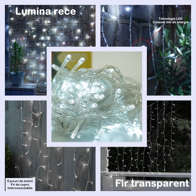 Instalatie Craciun Yoto, Tip Perdea, 3 m x 3 m, 320 LED-uri, Prelungitor 1.5 m, 8 Jocuri de Lumini, Interconectabila, Fir transparent, Interior/Exterior, Alb Rece-1