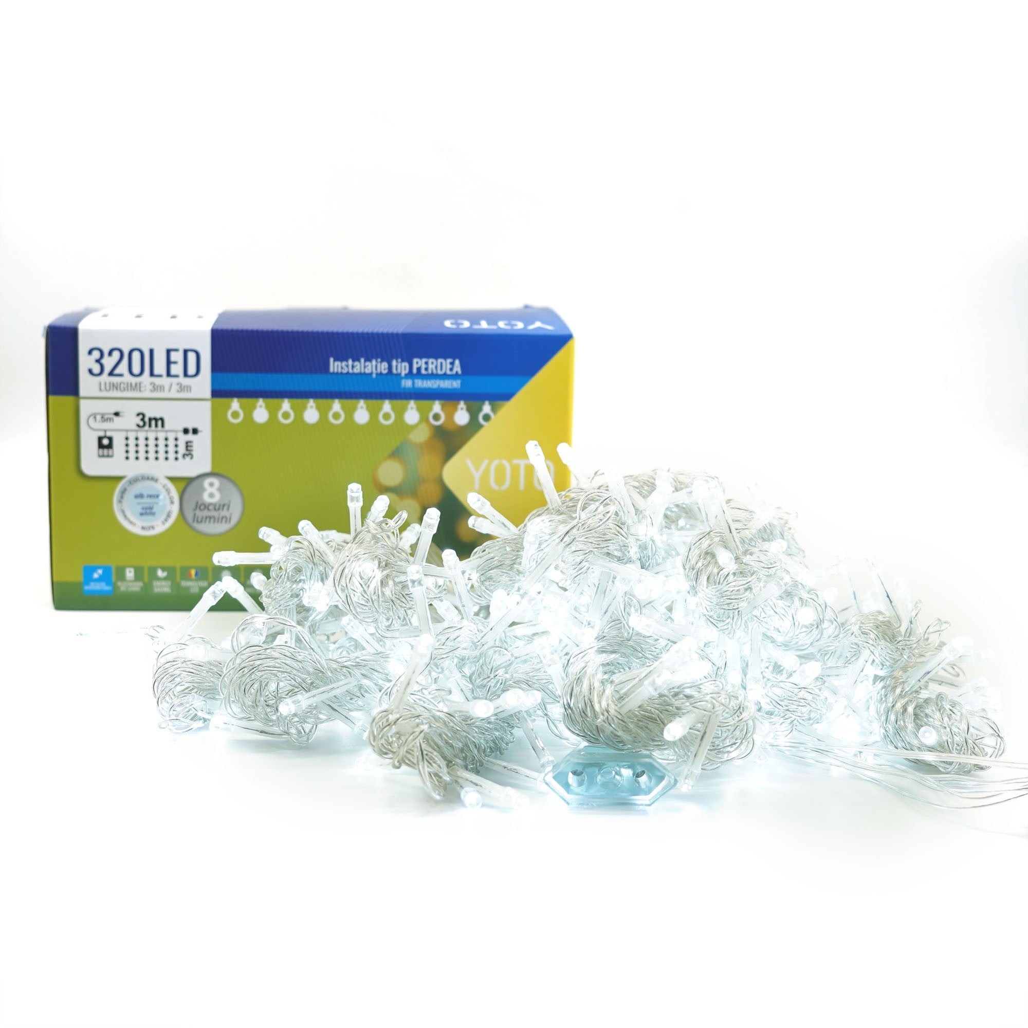 Instalatie Craciun Yoto, Tip Perdea, 3 m x 3 m, 320 LED-uri, Prelungitor 1.5 m, 8 Jocuri de Lumini, Interconectabila, Fir transparent, Interior/Exterior, Alb Rece-5