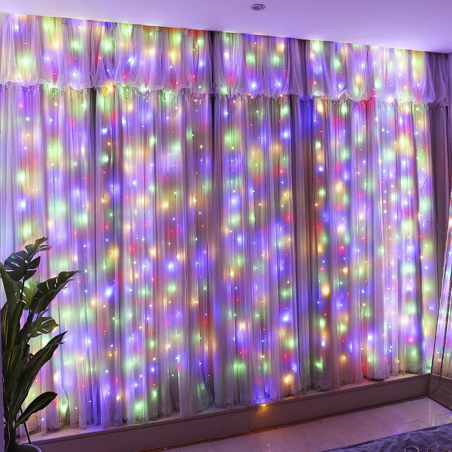 Instalatie Craciun Yoto, Tip Perdea, 3 m x 3 m, 320 LED-uri, Prelungitor 1.5 m, 8 Jocuri de Lumini, Interconectabila, Fir transparent, Interior/Exterior, Multicolor-0