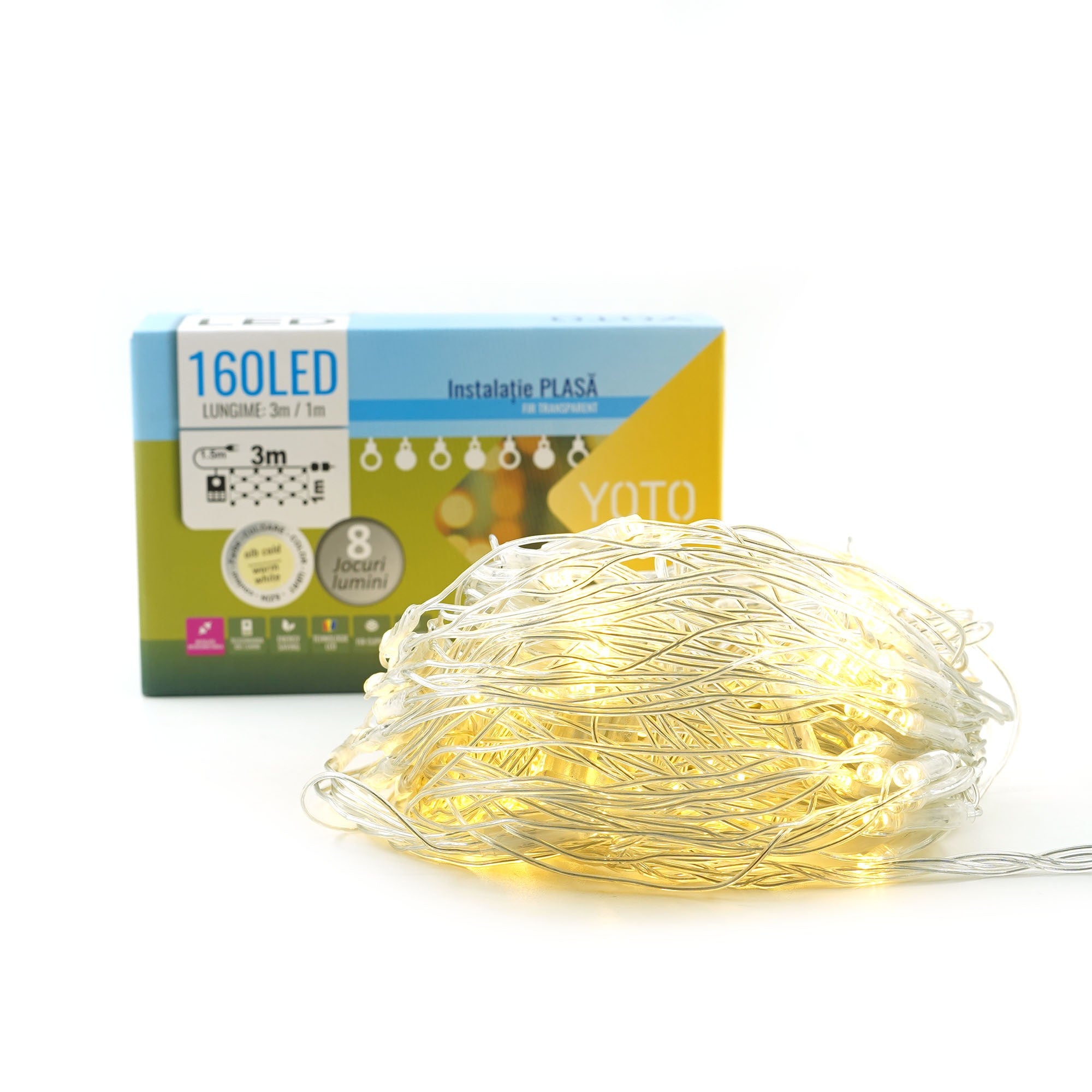 Instalatie Craciun Yoto, Tip Plasa, 3 m x 1 m, 160 LED-uri, Prelungitor 1.5 m, 8 Jocuri de Lumini, Interconectabila, Fir transparent, Interior/Exterior, Alb Cald-5