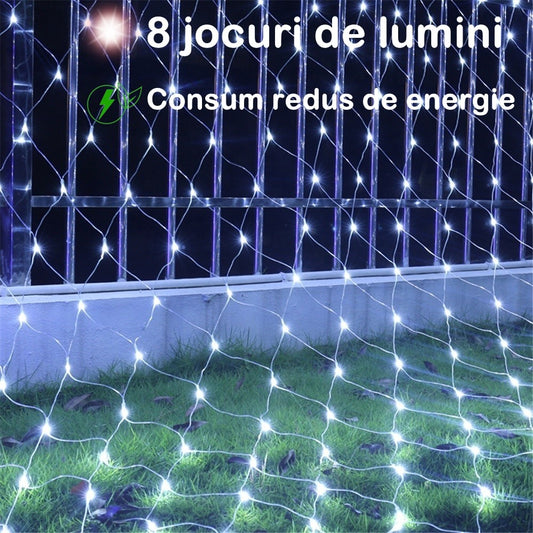 Instalatie Craciun Yoto, Tip Plasa, 3 m x 3 m, 320 LED-uri, Prelungitor 1.5 m, 8 Jocuri de Lumini, Interconectabila, Fir transparent, Interior/Exterior, Alb Rece-1