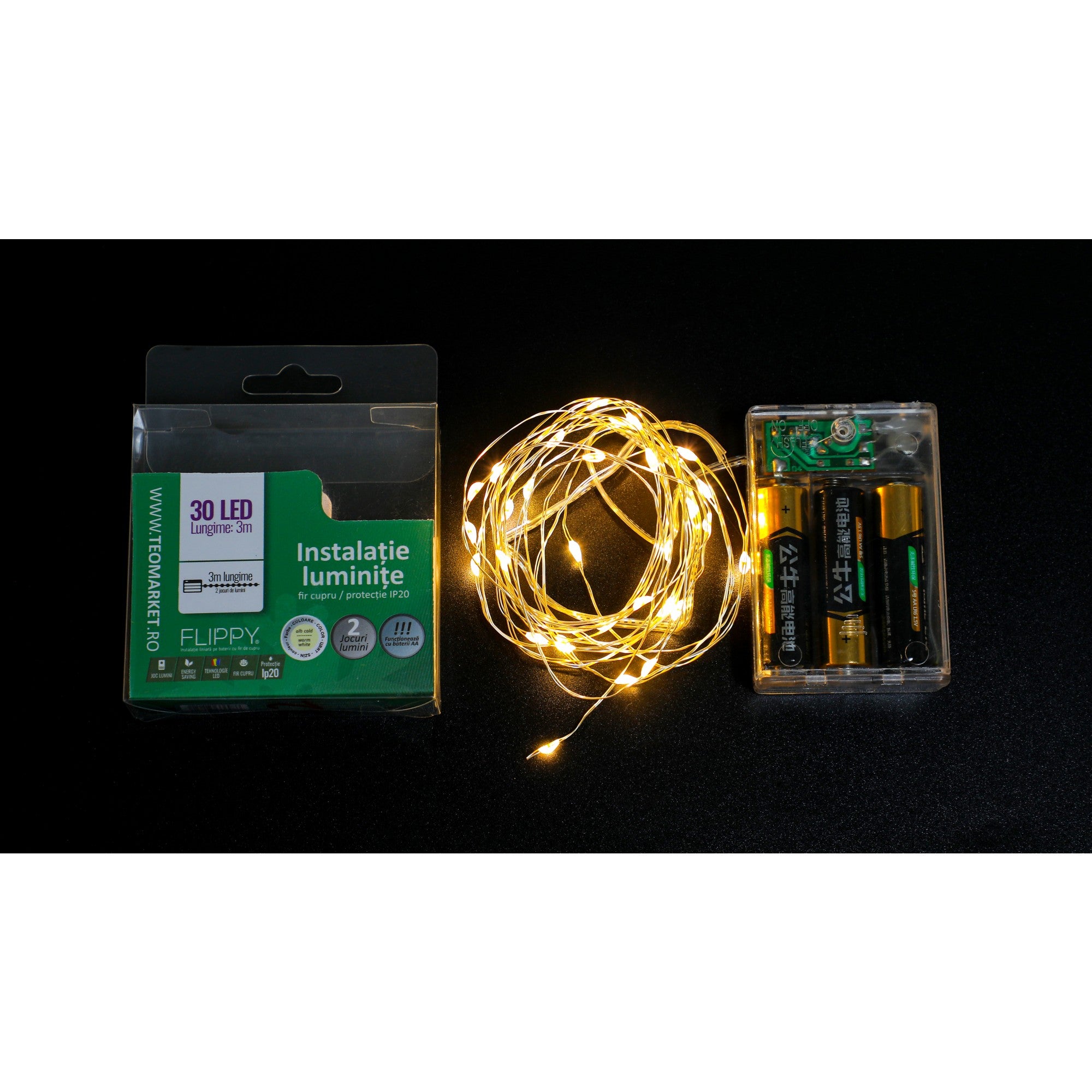 Instalatie de Craciun cu Baterii Tip Liniar, 2 jocuri de lumini, Fir Cupru 3 m 30 LED -uri, Alb Cald-6