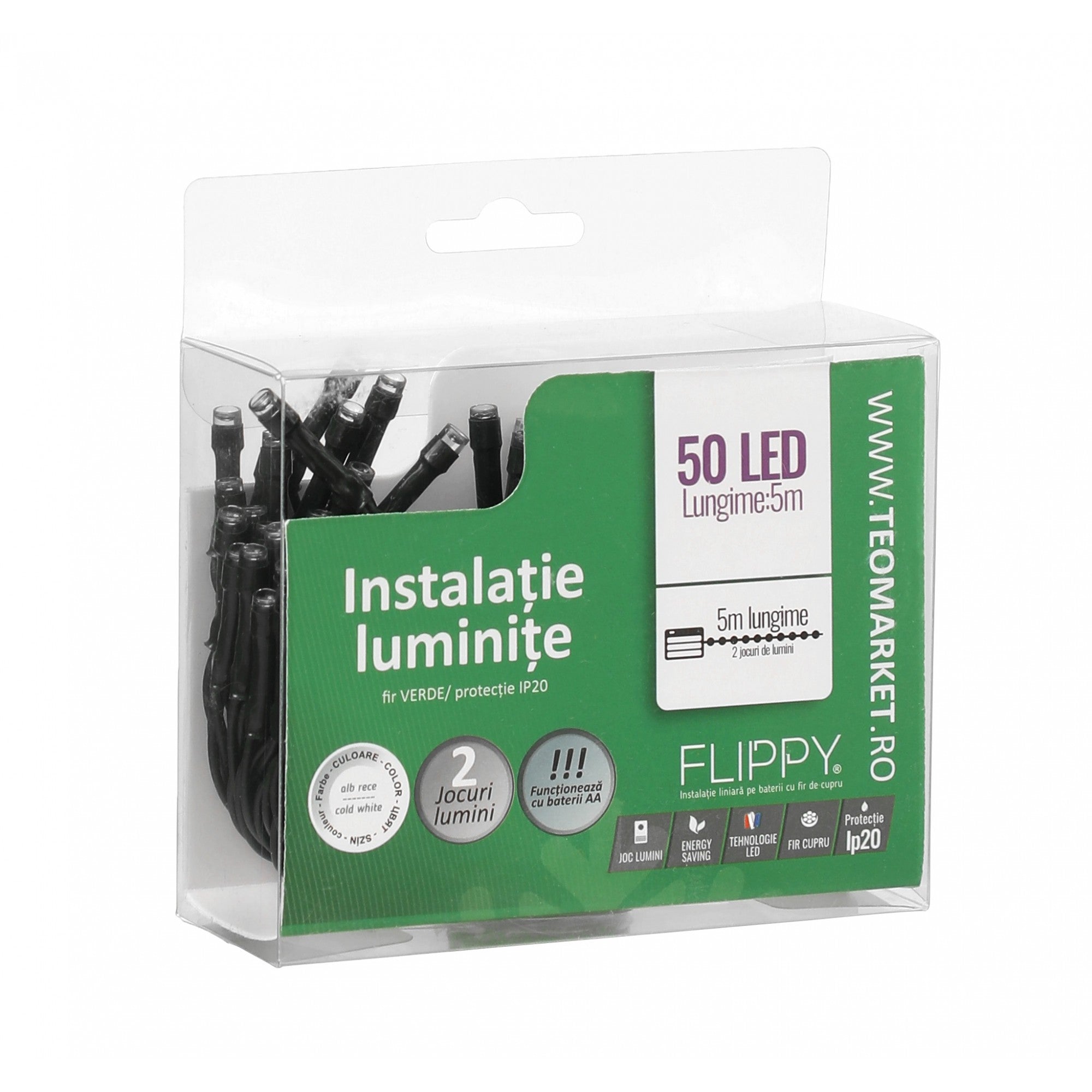 Instalatie de Craciun cu Baterii Tip Liniar, 2 jocuri de lumini, Fir Verde 5 m 50 LED -uri, Alb Rece-3