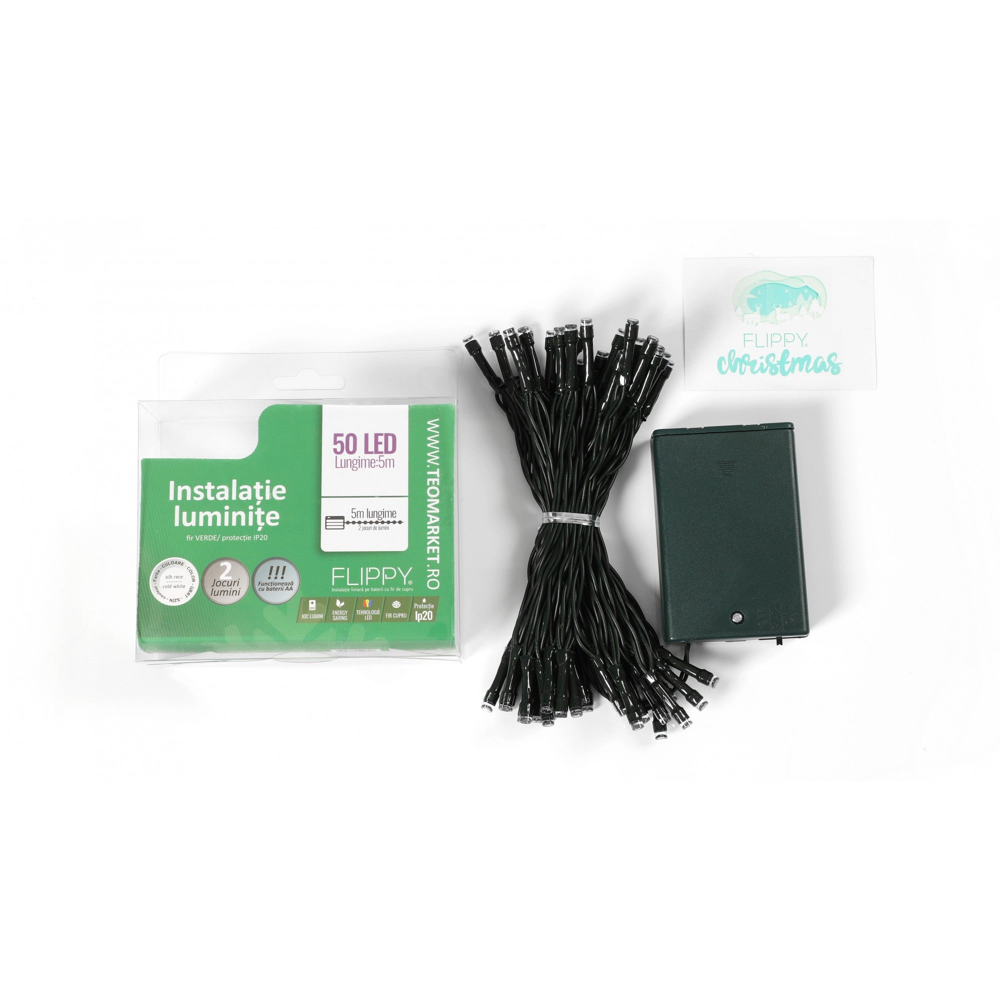 Instalatie de Craciun cu Baterii Tip Liniar, 2 jocuri de lumini, Fir Verde 5 m 50 LED -uri, Alb Rece-4