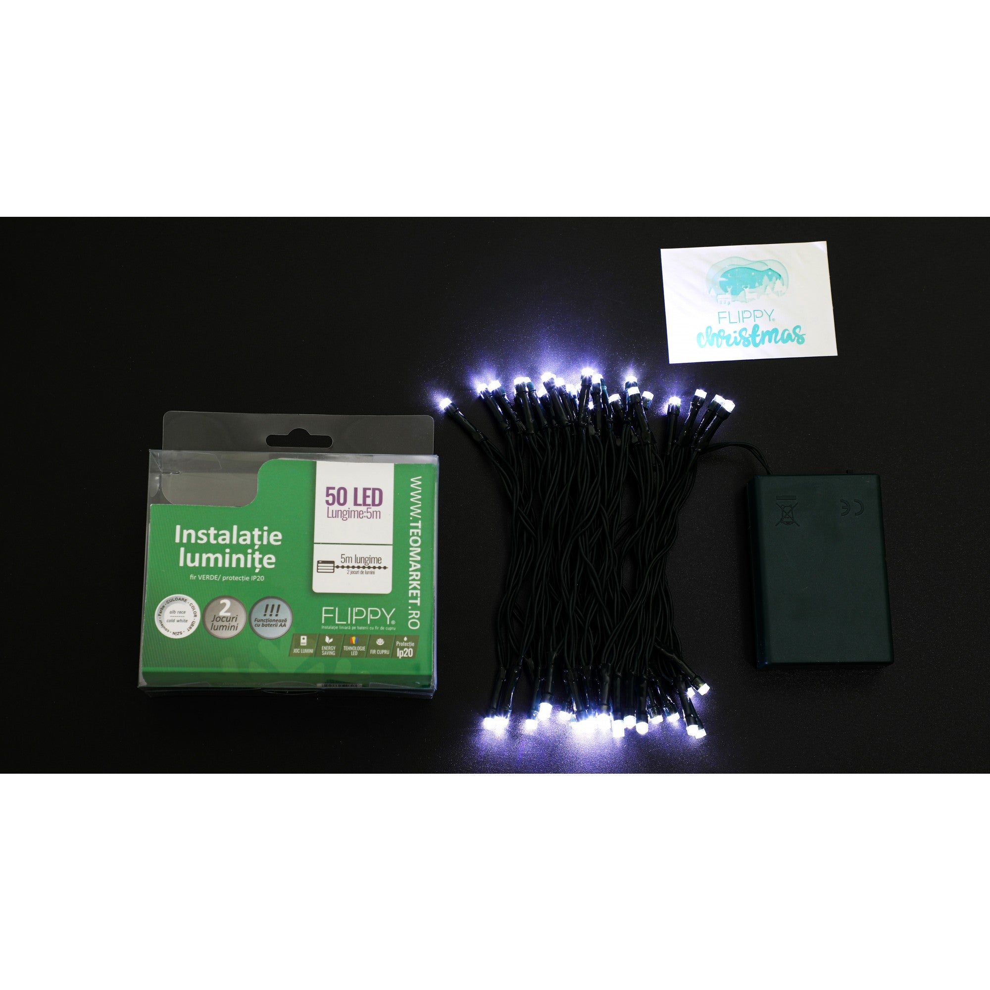 Instalatie de Craciun cu Baterii Tip Liniar, 2 jocuri de lumini, Fir Verde 5 m 50 LED -uri, Alb Rece-6