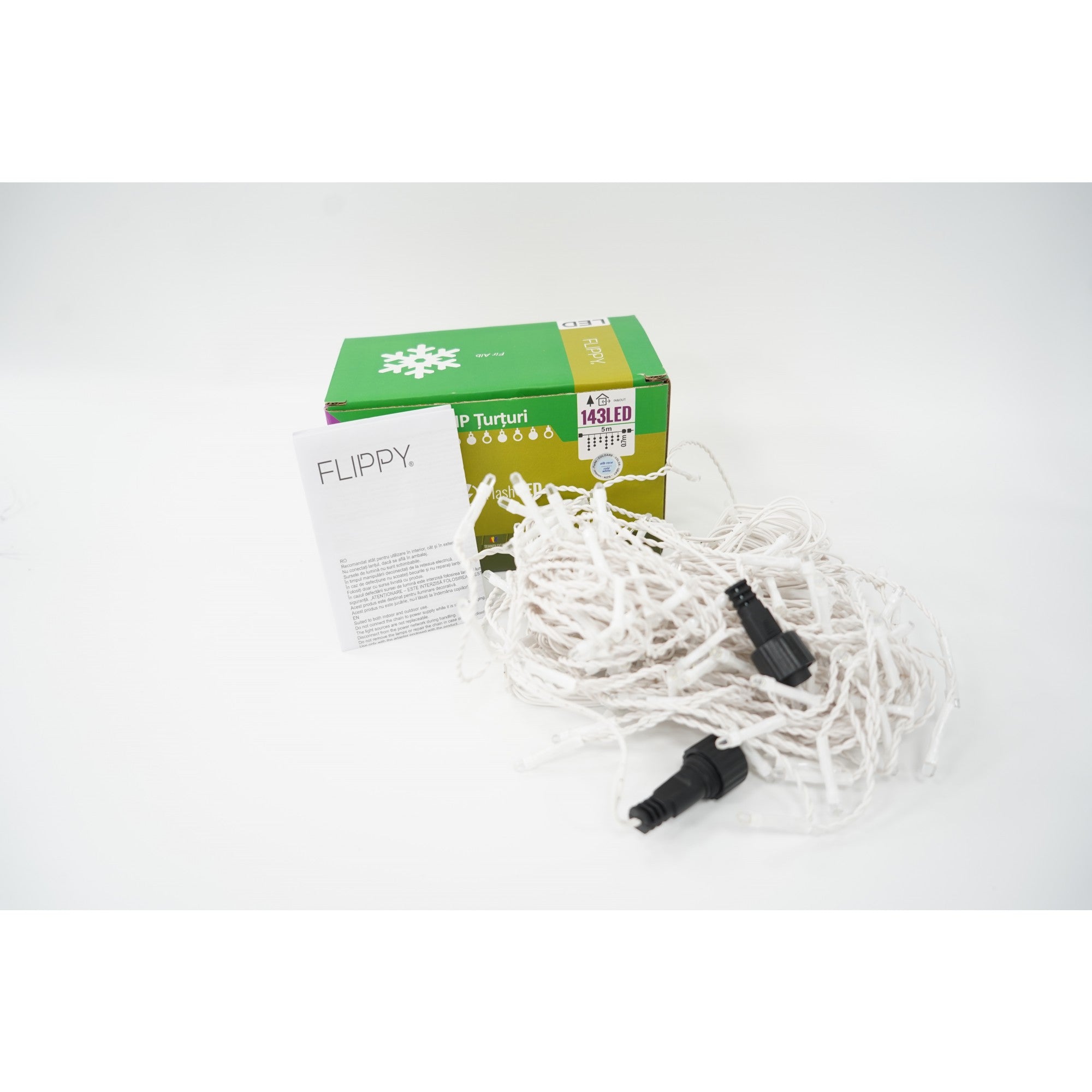 Instalatie de Craciun Flippy® Tip Franjuri cu Flash, Sectiune 5 m, 143 LED-uri, Interconectabila, Fir Alb, Alb Rece-1