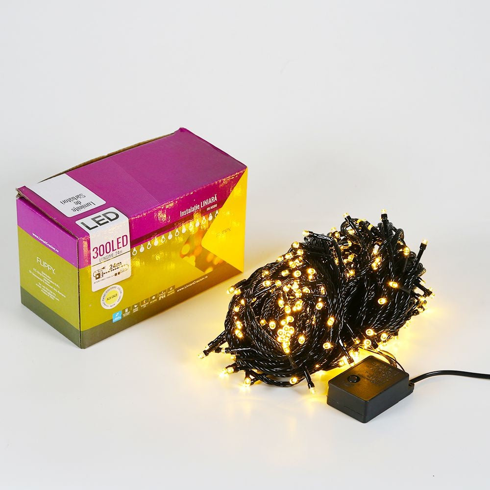 Instalatie de Craciun Flippy® Tip Liniara, Fir Negru, 24 m, 300 LED-uri, Interconectabila, Alb Cald-3