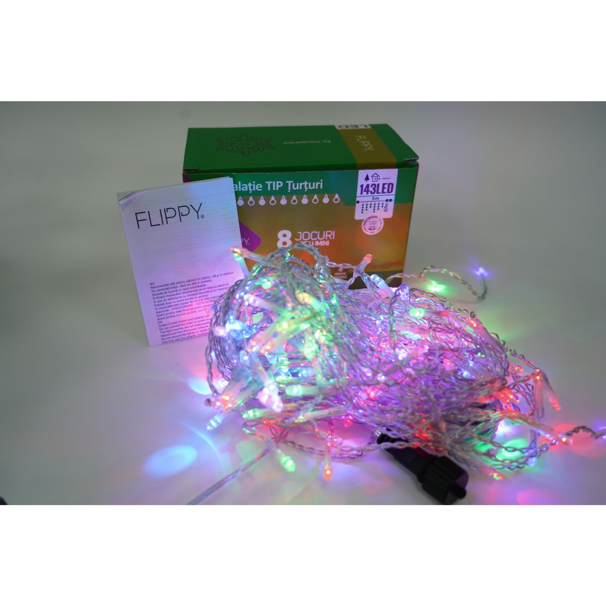 Sectiune Instalatie de Craciun Flippy® Tip Turturi, Flash 5 m, 143 LED-uri, Interconectabila, Fir Transparent, RB-RG, Atentie! nu contine alimentator-0