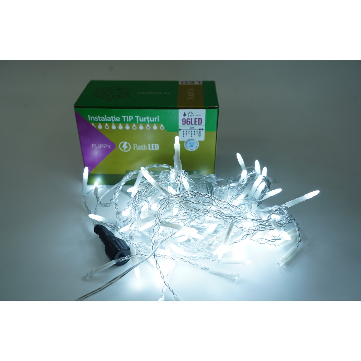 Instalatie de Craciun Flippy® Tip Turturi, Franjuri cu Flash, Sectiune 3 m, 96 LED-uri, Interconectabila, Fir Transparent, Alb Rece-0