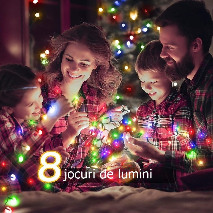 Instalatie de Craciun liniara Yoto, 10 m, din care 1 m cablu priza 220V, 100 LED, 8 jocuri de lumini, beculet in 6 colturi, pentru interior, controler, fir negru, multicolor-3