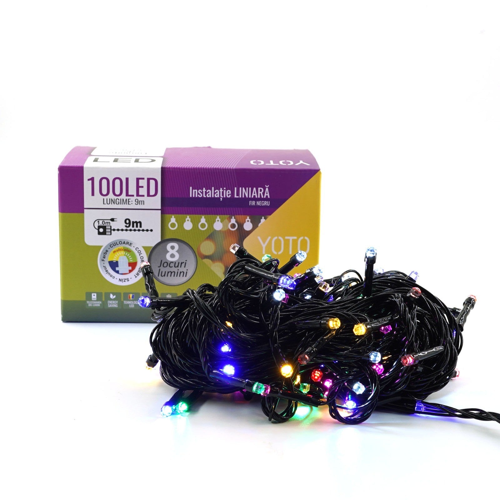 Instalatie de Craciun liniara Yoto, 10 m, din care 1 m cablu priza 220V, 100 LED, 8 jocuri de lumini, beculet in 6 colturi, pentru interior, controler, fir negru, multicolor-6