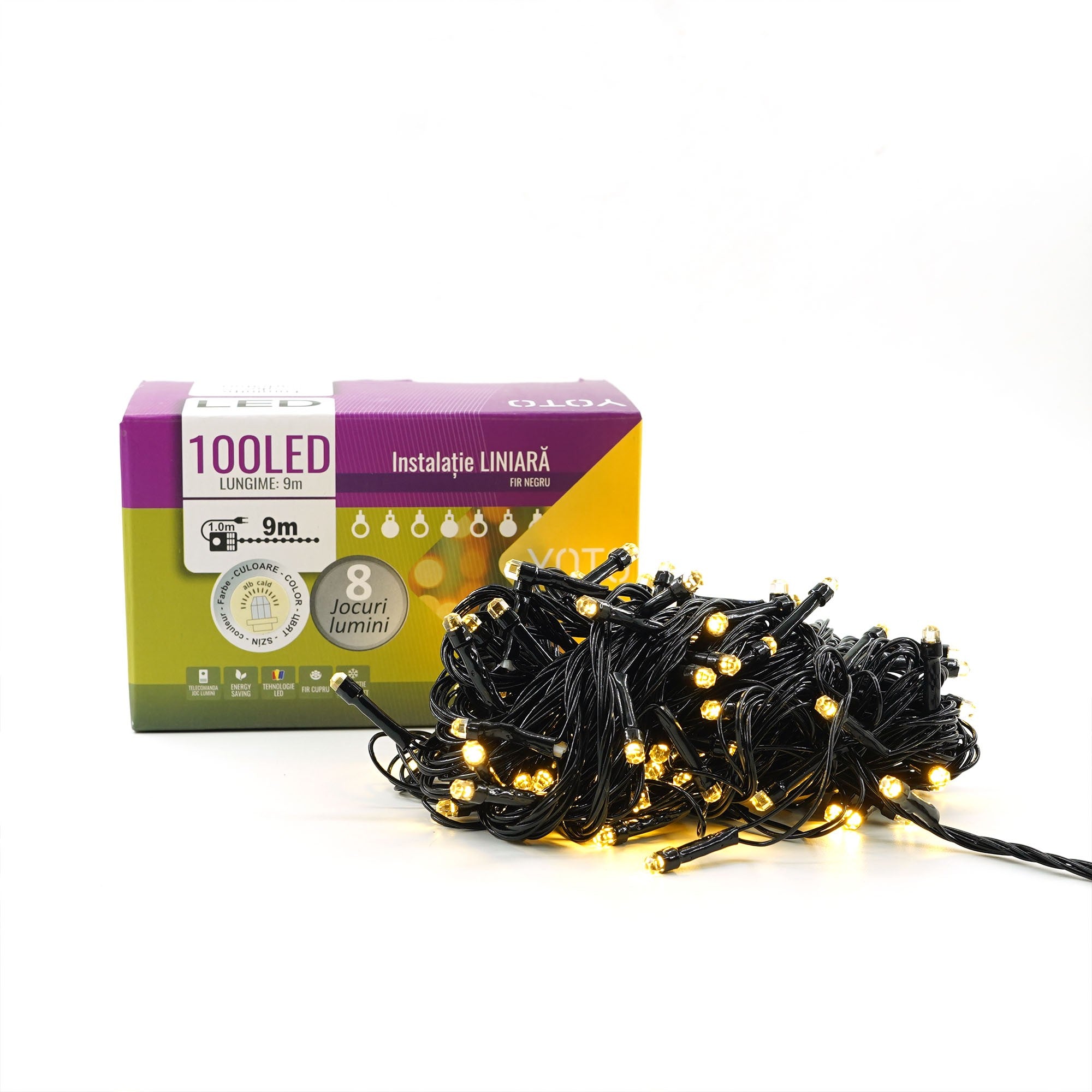 Instalatie de Craciun liniara Yoto, 10 m, din care 1 m cablu priza 220V, 100 LED, 8 jocuri de lumini, beculet in 6 colturi, pentru interior, controler, fir negru, alb cald-6