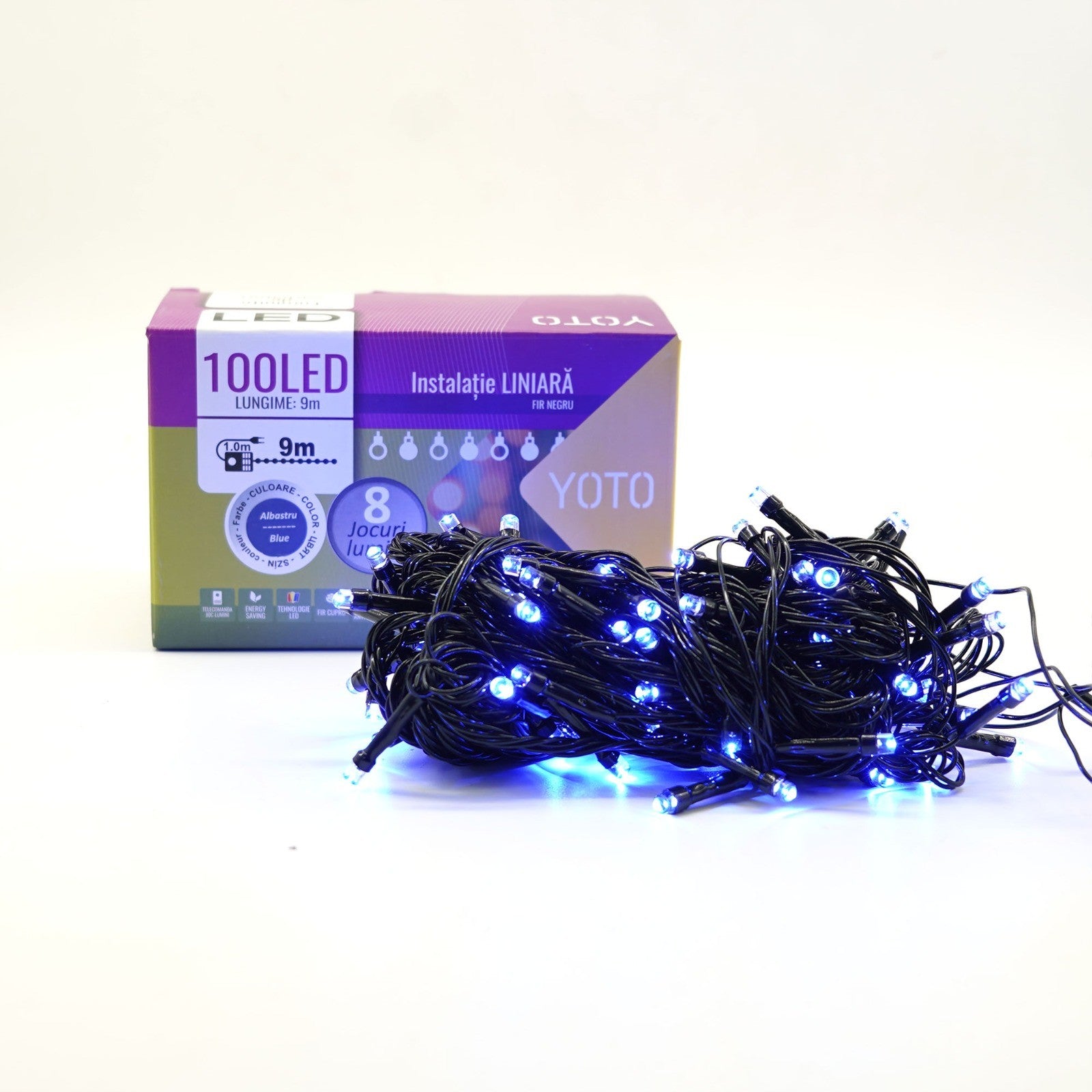 Instalatie de Craciun liniara Yoto, 10 m, din care 1 m cablu priza 220V, 100 LED, 8 jocuri de lumini, controler, fir negru, albastru-1