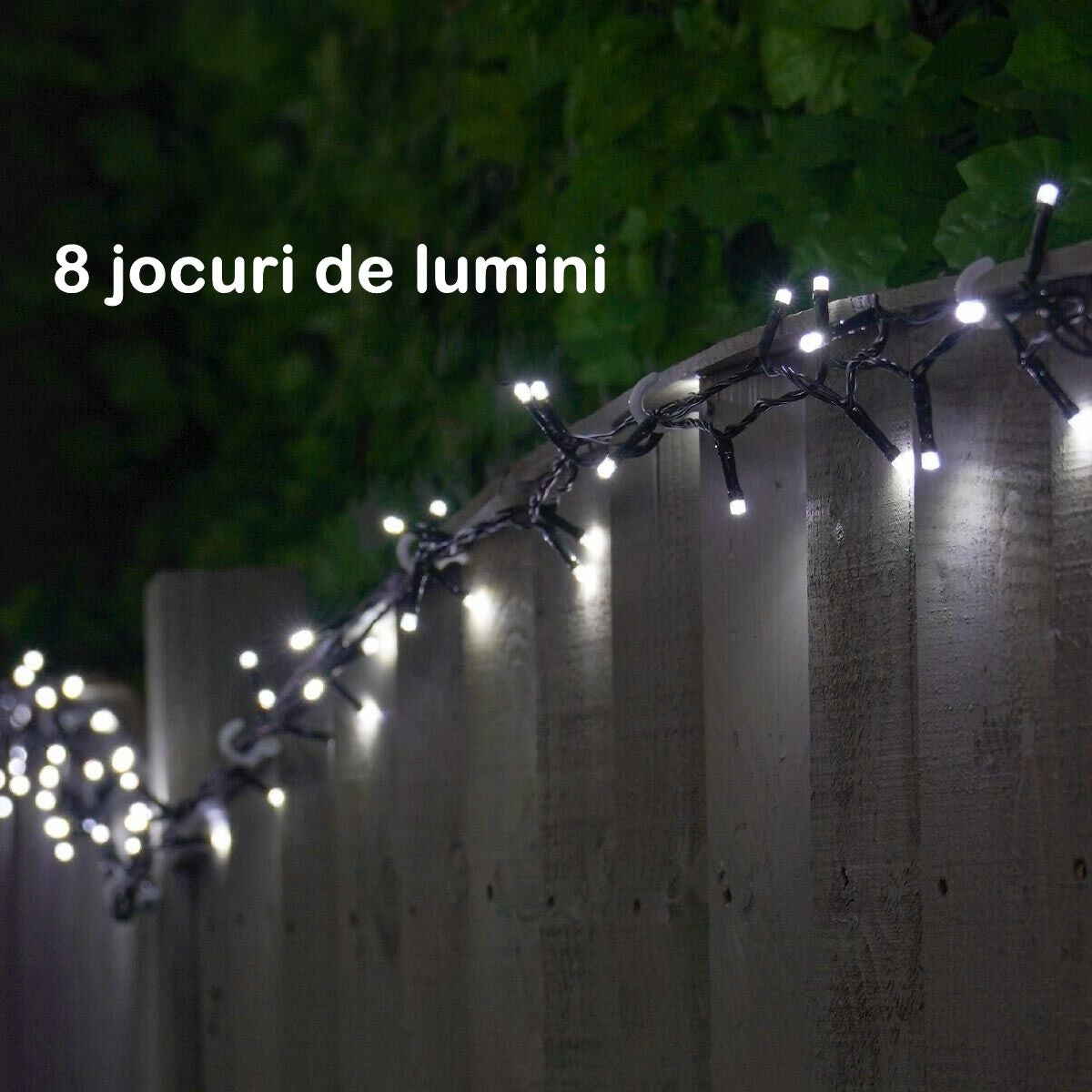 Instalatie de Craciun liniara Yoto, 17 m, din care 1 m cablu priza 220V, 200 LED, 8 jocuri de lumini, beculet in 6 colturi, pentru interior, controler, fir negru, alb rece-1