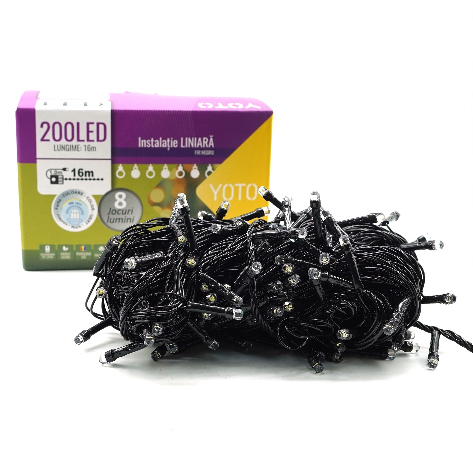 Instalatie de Craciun liniara Yoto, 17 m, din care 1 m cablu priza 220V, 200 LED, 8 jocuri de lumini, beculet in 6 colturi, pentru interior, controler, fir negru, alb rece-5