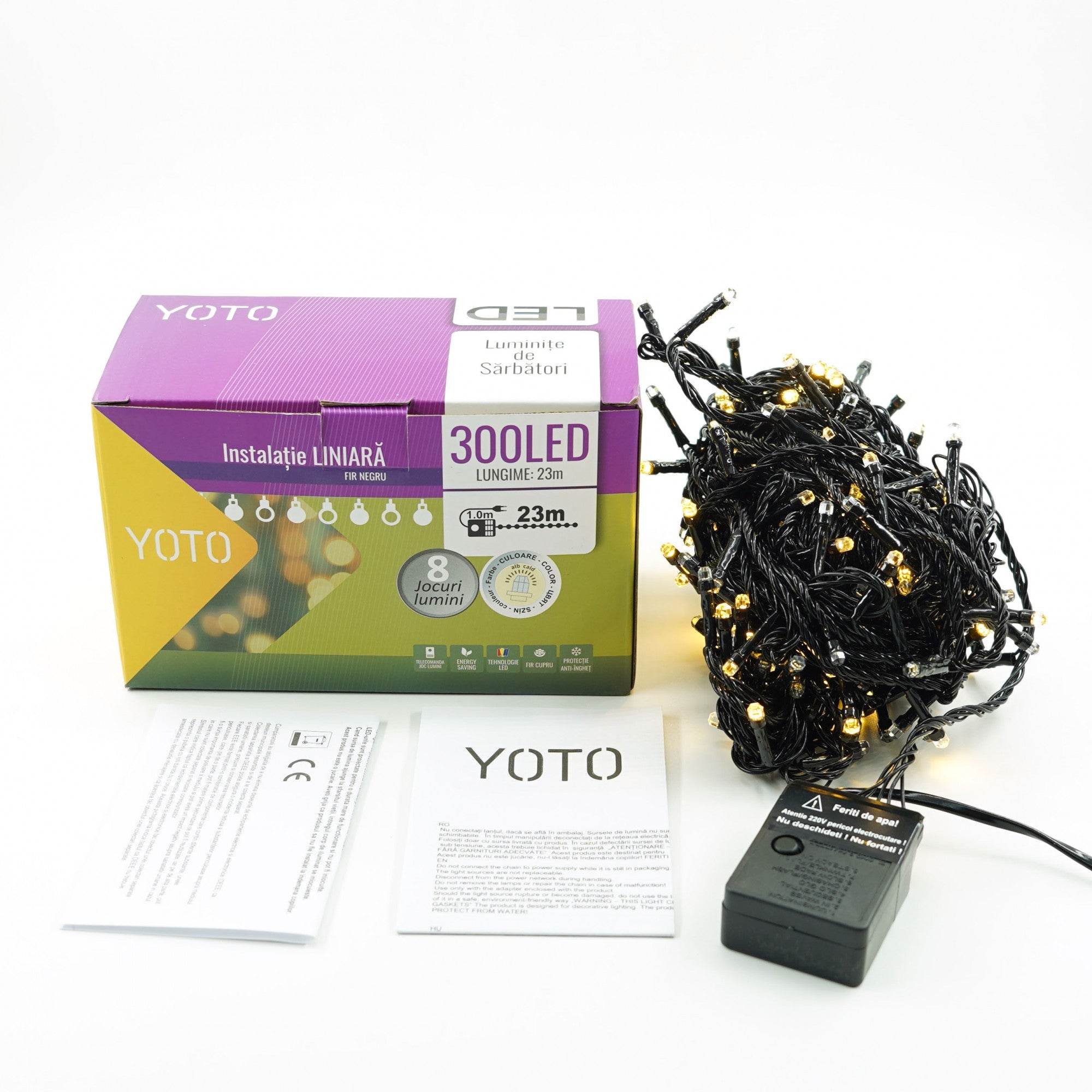 Instalatie de Craciun liniara Yoto, 24 m, din care 1 m cablu priza 220V, 300 LED, 8 jocuri de lumini, beculet in 6 colturi, pentru interior, controler, fir negru, alb cald-6