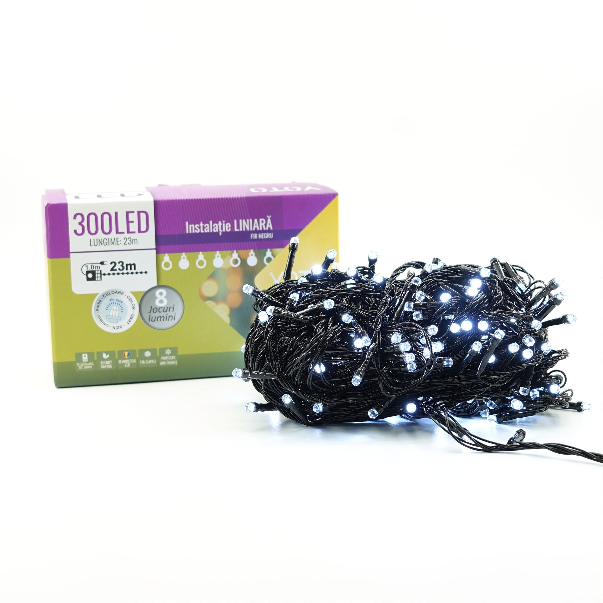 Instalatie de Craciun liniara Yoto, 24 m, din care 1 m cablu priza 220V, 300 LED, 8 jocuri de lumini, beculet in 6 colturi, pentru interior, controler, fir negru, alb rece-6