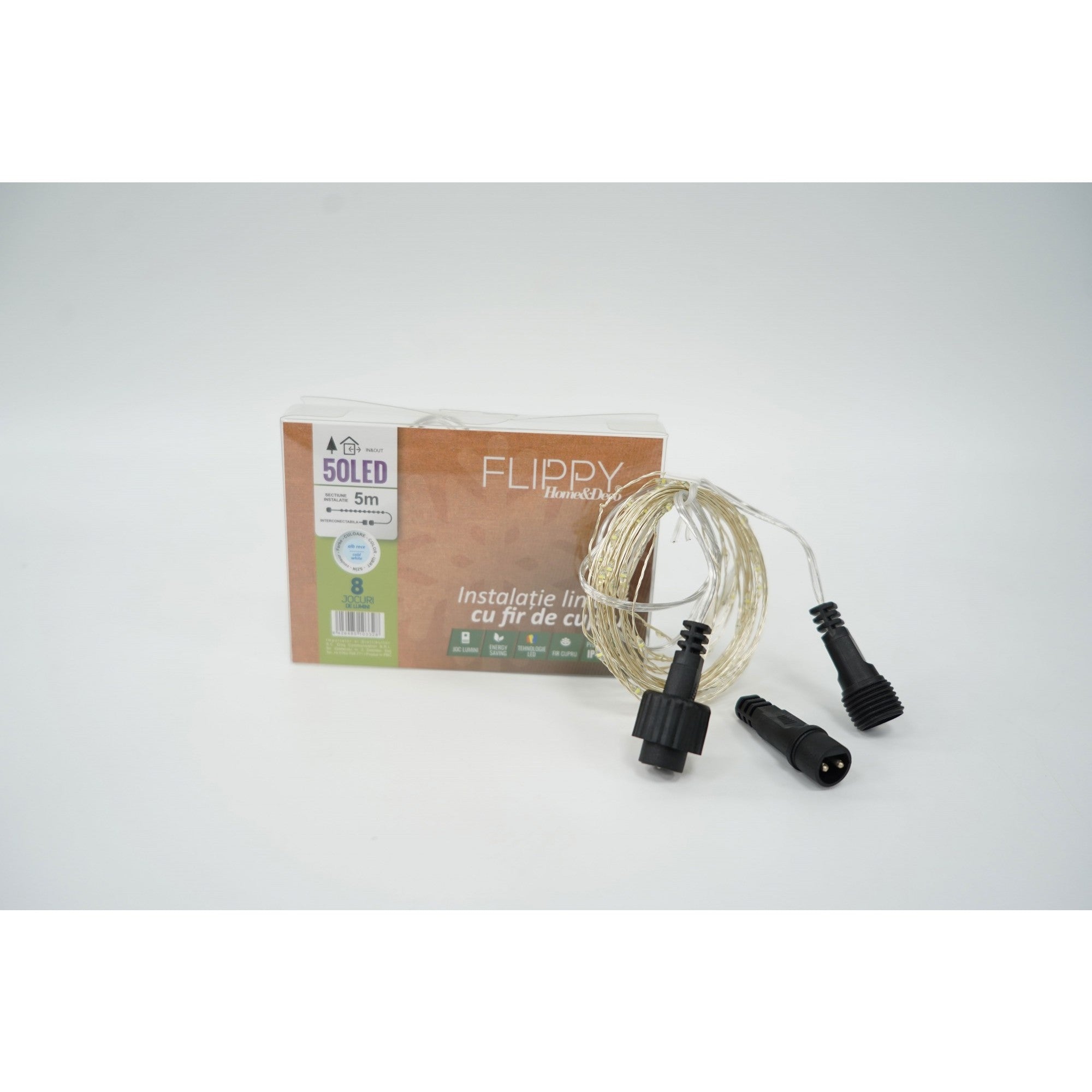 Instalatie Liniara de Craciun, 25 m, 250 Led-uri, Alb Rece, 8 jocuri de lumini, Transformator, Interconectabila, Prelungitor 5 m inclus, Fir Cupru, Flippy-1