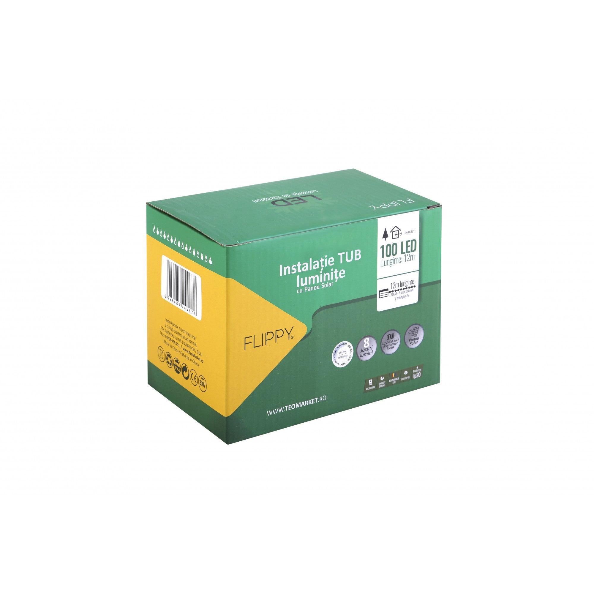 Instalatie luminoasa de Craciun cu LED, 100 LED-uri tip globulete, 12 metri lungime, 8 programe, 2 metri prelungitor, incarcare solara, alb cald, Flippy-0