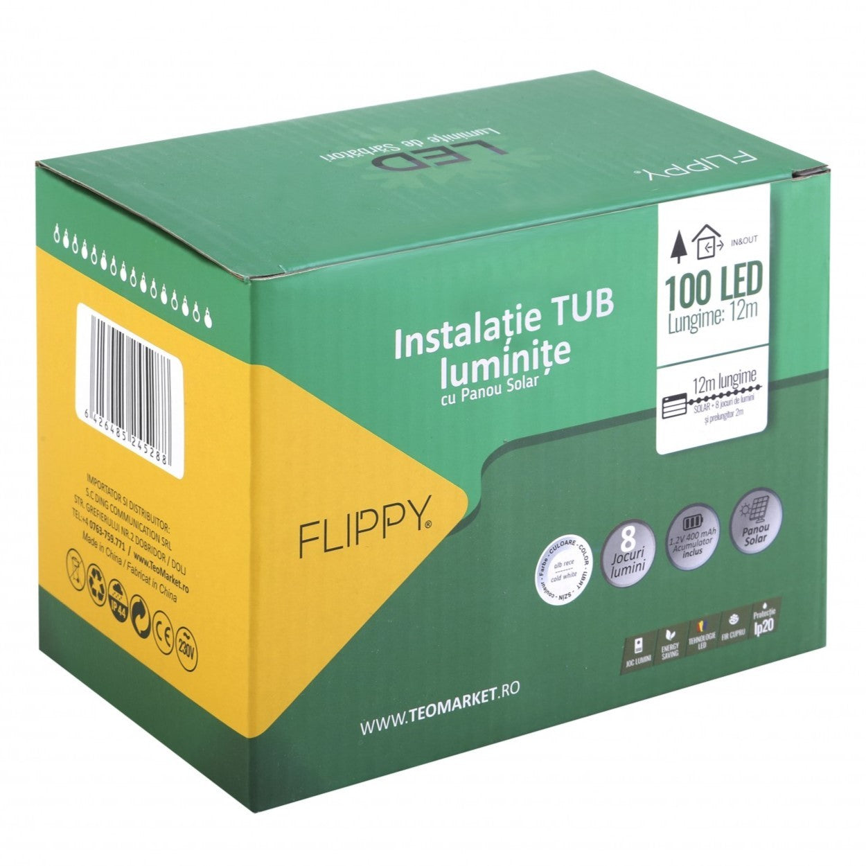 Instalatie luminoasa de Craciun tip furtun luminos, 100 LED-uri, 12 metri lungime, 8 programe, 2 metri prelungitor, sarma din cupru, incarcare solara, alb rece, Flippy-10