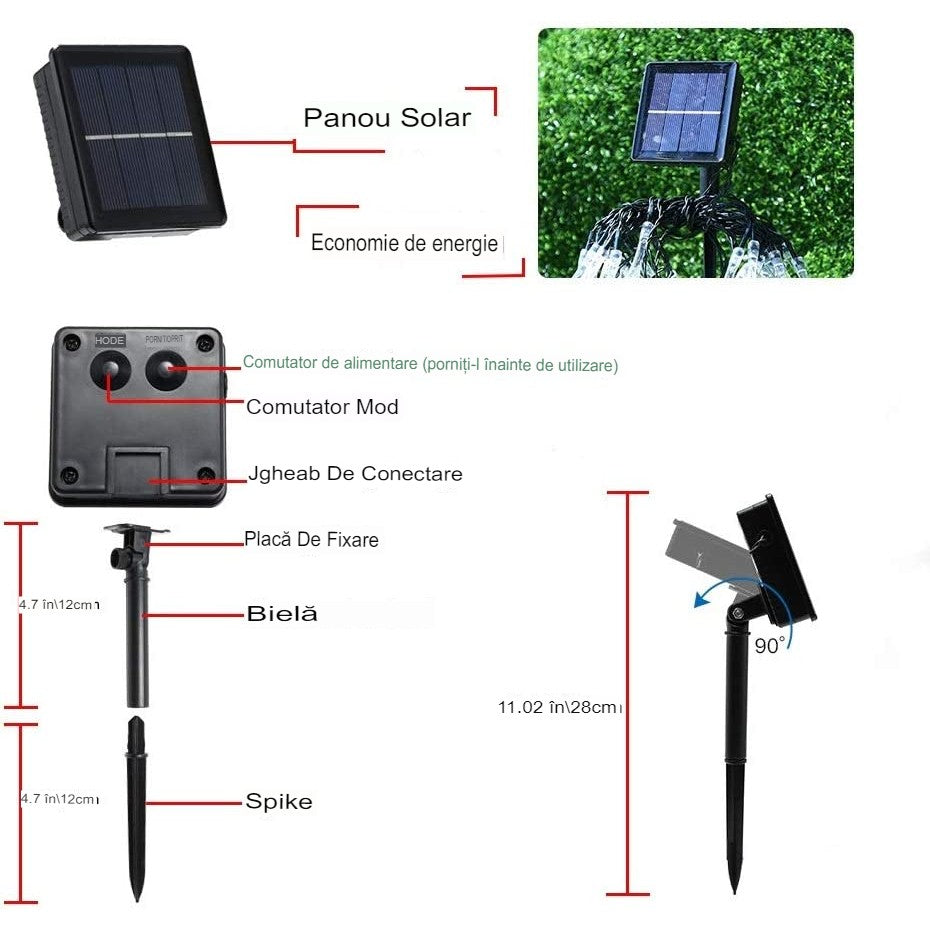 Instalatie Solara 6 m, 28 Led-uri cu Ornament tip picatura de apa, Liniara, Fir negru, Alb Rece-4