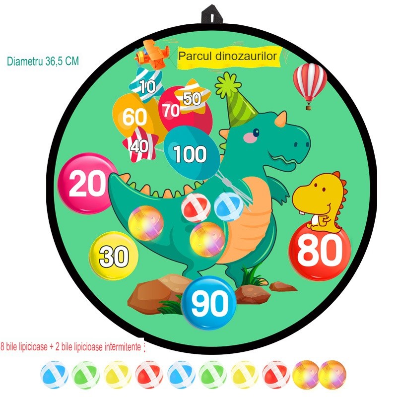 Joc Darts Flippy pentru Copii, Placa Pliabila 36.5 cm, 8 Mingii Velcro/Scai Simple, 2 Mingii Luminoase, Model Dinozaur Park, Verde-1