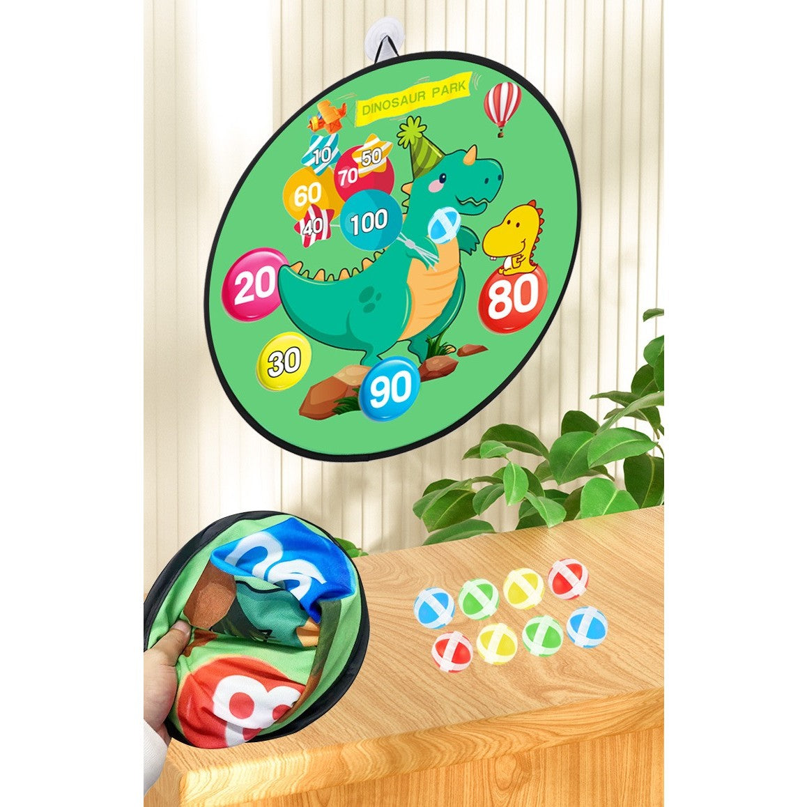 Joc Darts Flippy pentru Copii, Placa Pliabila 36.5 cm, 8 Mingii Velcro/Scai Simple, 2 Mingii Luminoase, Model Dinozaur Park, Verde-2