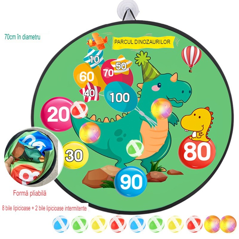 Joc Darts Flippy pentru Copii, Placa Pliabila 70 cm, 8 Mingii Velcro/Scai Simple, 2 Mingii Luminoase, Model Dinozaur Park, Verde-4