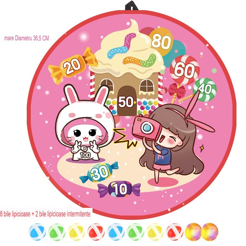 Joc Darts Flippy pentru Copii, Placa Pliabila 36.5 cm, 8 Mingii Velcro/Scai Simple, 2 Mingii Luminoase, Model Acadele, Roz-4