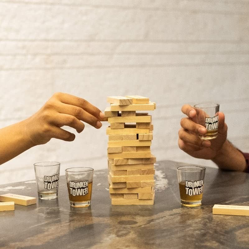 Joc de Baut Jenga Flippy, Turnul Betivului din Lemn, Piese cu Provocari, Pahare de Shot din Sticla Incluse, 19 x 7 x 20 cm-1