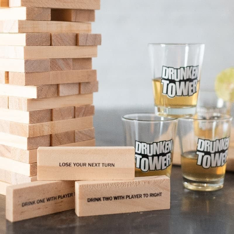 Joc de Baut Jenga Flippy, Turnul Betivului din Lemn, Piese cu Provocari, Pahare de Shot din Sticla Incluse, 19 x 7 x 20 cm-2