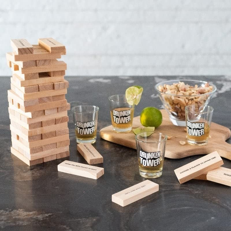 Joc de Baut Jenga Flippy, Turnul Betivului din Lemn, Piese cu Provocari, Pahare de Shot din Sticla Incluse, 19 x 7 x 20 cm-3