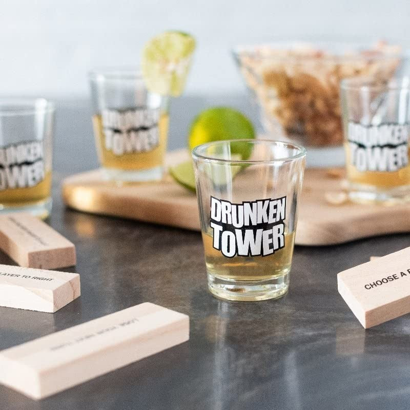 Joc de Baut Jenga Flippy, Turnul Betivului din Lemn, Piese cu Provocari, Pahare de Shot din Sticla Incluse, 19 x 7 x 20 cm-4