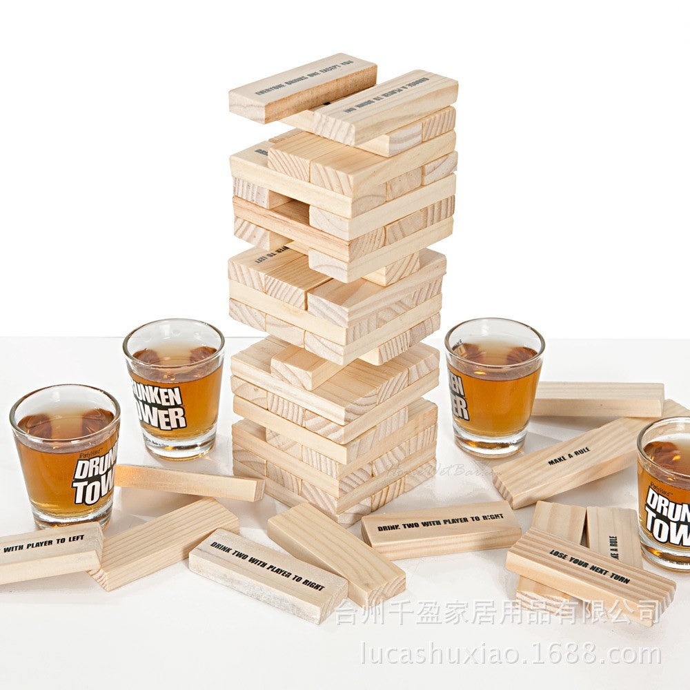 Joc de Baut Jenga Flippy, Turnul Betivului din Lemn, Piese cu Provocari, Pahare de Shot din Sticla Incluse, 19 x 7 x 20 cm-5